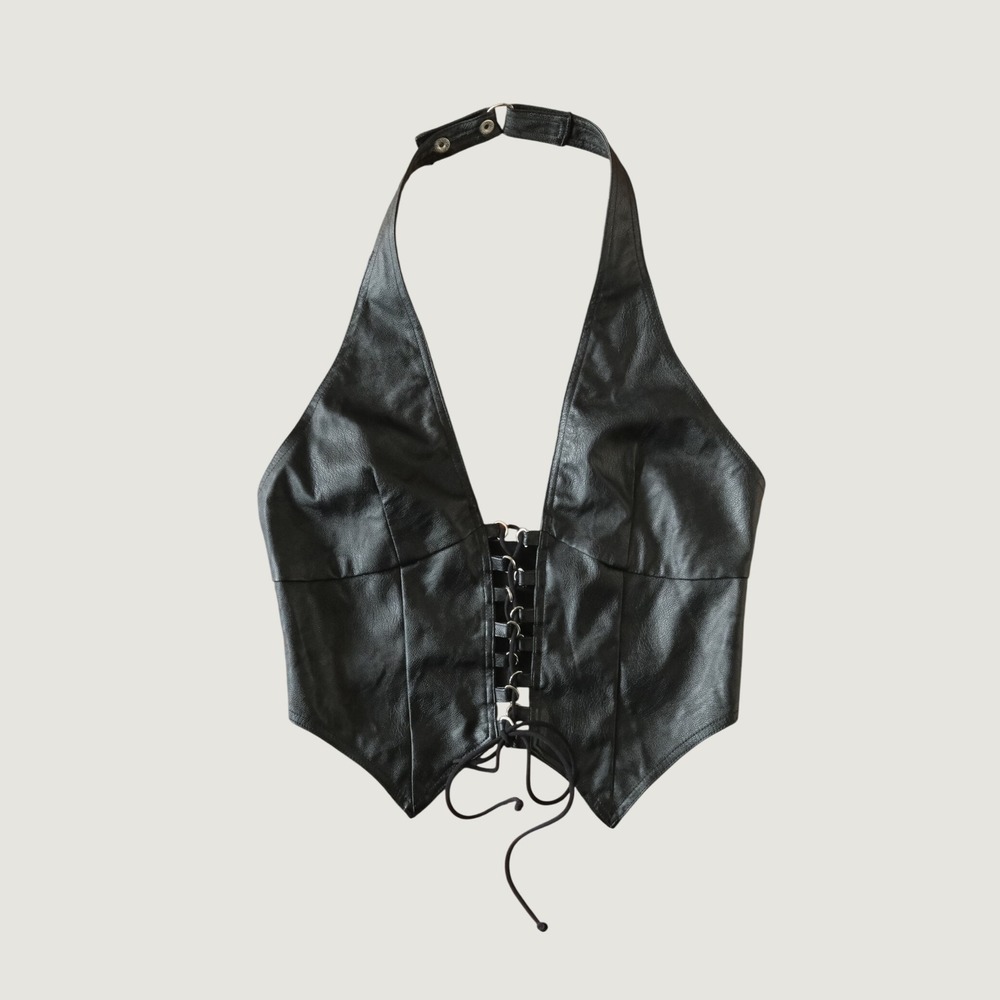 I.AM.GIA Halter Top Lace Up Faux Leather Black XS Y2K Baddie Festival Streetwear